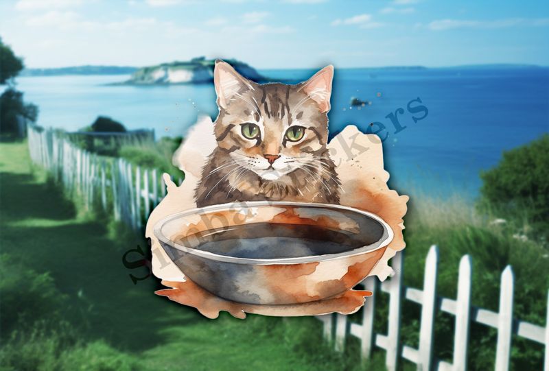 Cat behind bowl, watercolour