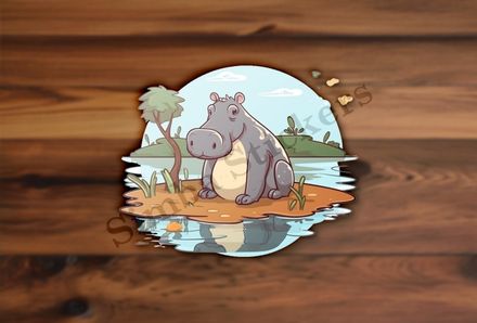 Cute hippo on an island in a pond