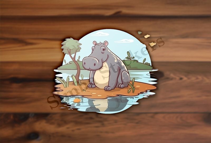 Cute hippo on an island in a pond