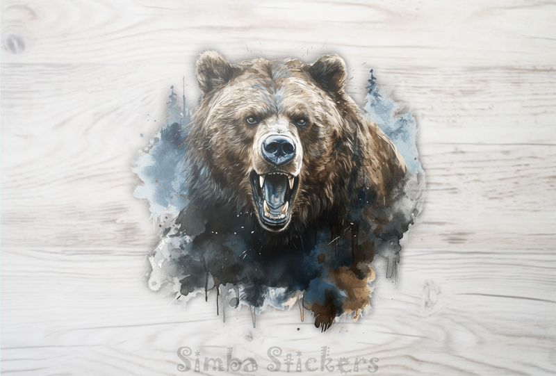 Bear charging angrily, watercolour, sltgjb