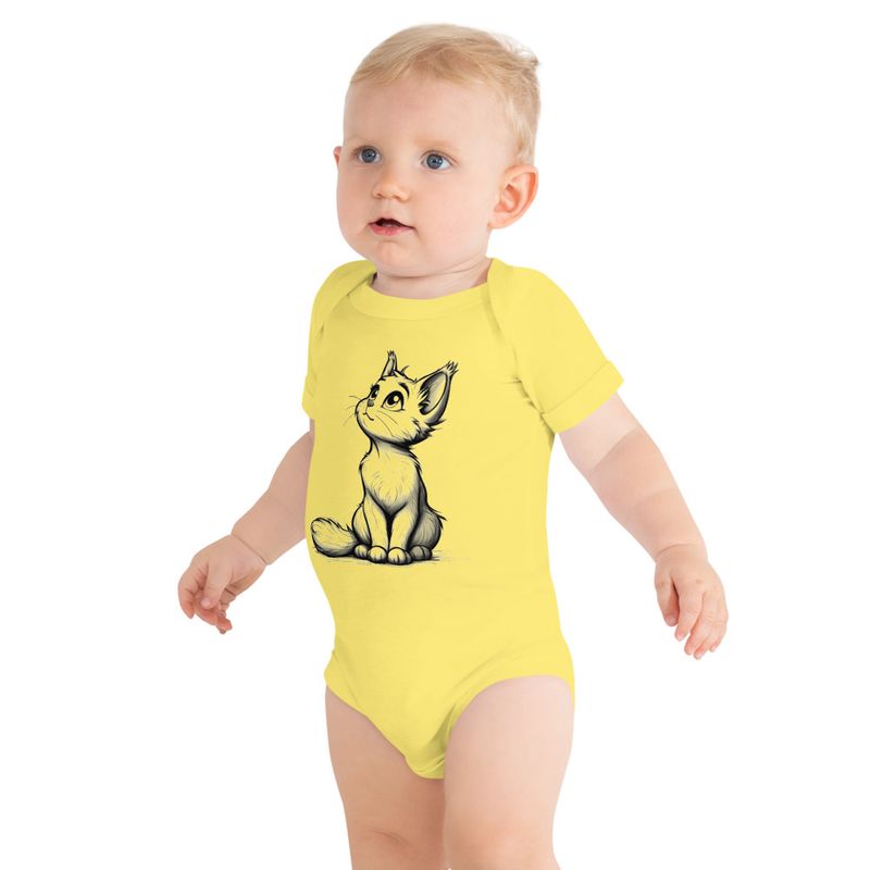 Baby Short Sleeve One Piece, 3-24 Months, Cat kitten sitting up, looking cute, mirrored