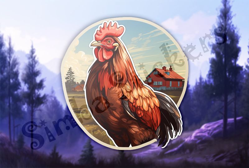 Brown-red chicken, free-range, with farmhouse in background