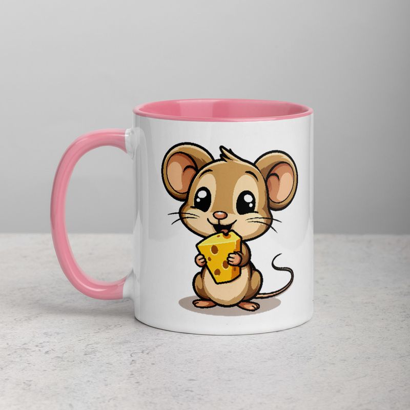 White Ceramic Mug with Color Inside,11&amp;15oz,Small Mouse happily licking large chunk of cheese,pqapy6