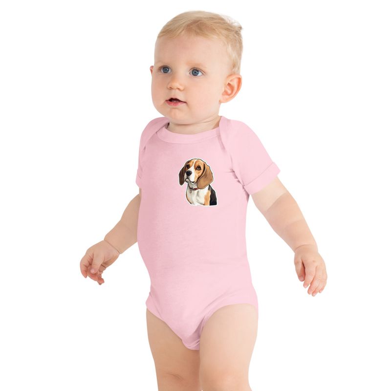 Baby Short Sleeve One Piece, 3-24 Months, Beagle dog with collar, left chest 