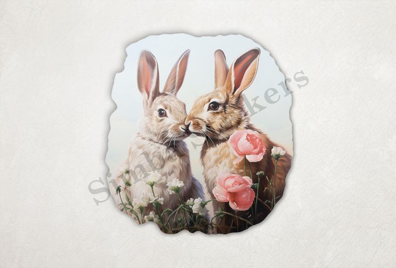 Rabbits in love , nose-to-nose, pink flowers