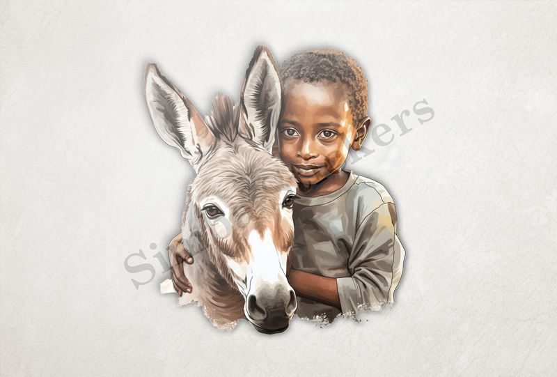 Donkey held by small boy of Indian origin