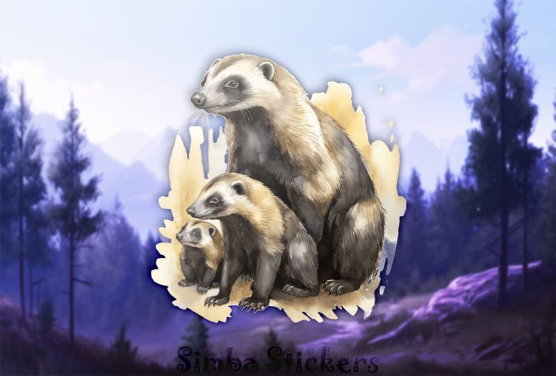 Honey Badger mother with children, watercolour, feslsk