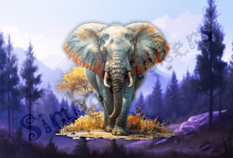 Elephant walking, birds flying in background, watercolour