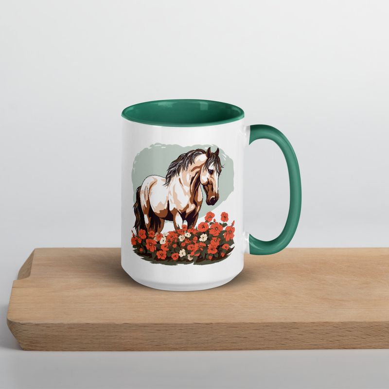 White Ceramic Mug with Color Inside, 11&amp;15oz, Brown horse in field of red flowers, n4w2fj