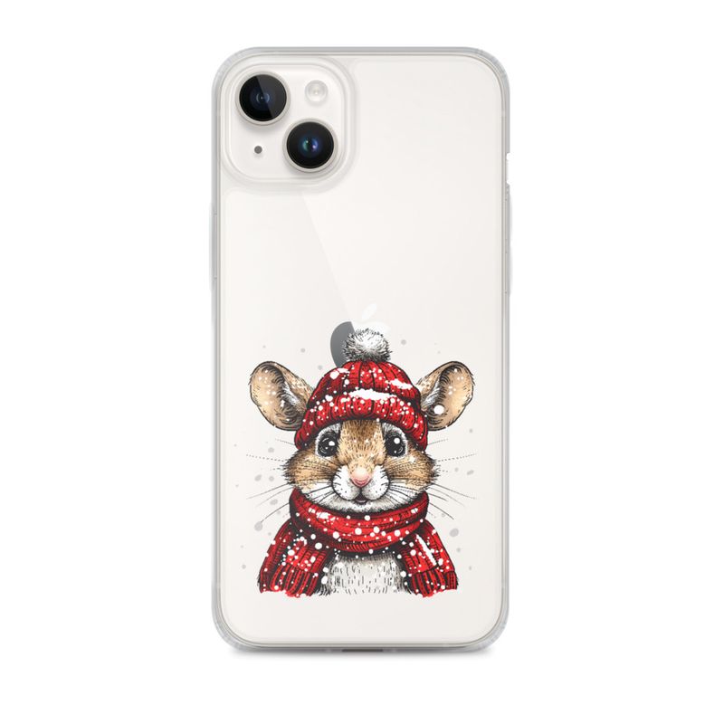 Clear Case for iPhone, Mouse wearing red winter hat and scarf in the snow, xg8dl3