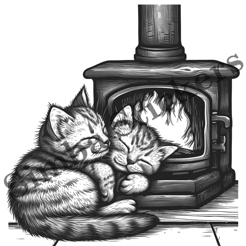 Cats by fireplace, outline art, image set, 10 images