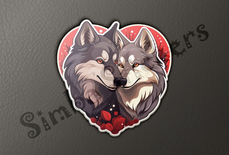 Wolves nose-to-nose, cuddling, in heart shape