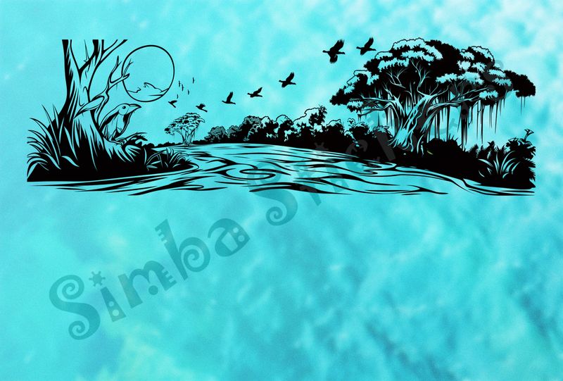 Equatorial Rainforest landscape, bird watching birds flying, outline art
