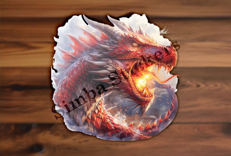 Red dragon, breathing fire in misty background