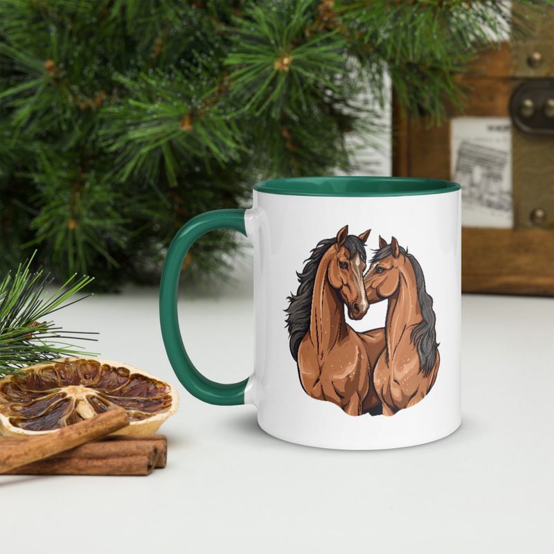 White Ceramic Mug with Color Inside, 11&amp;15oz, Two brown horses snuggling, tdwcyd