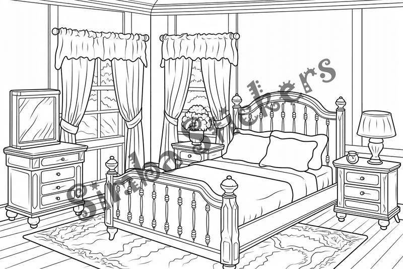 Colouring pages, bundle of house bedrooms, 25 images