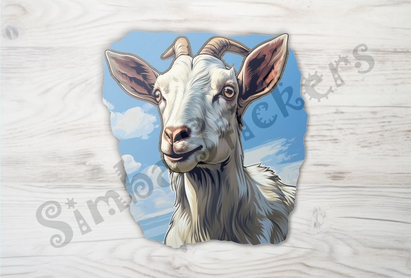 White goat standing against blue sky background