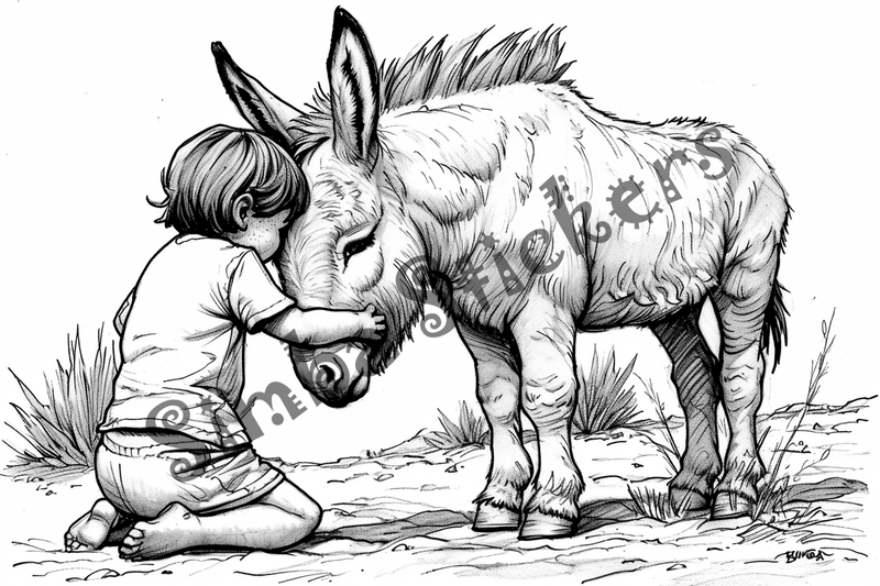 Colouring pages, bundle of donkeys with children, 10 images