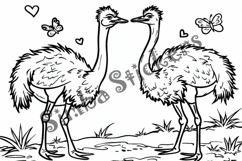 Colouring pages, bundle of ostriches in love, 25 images
