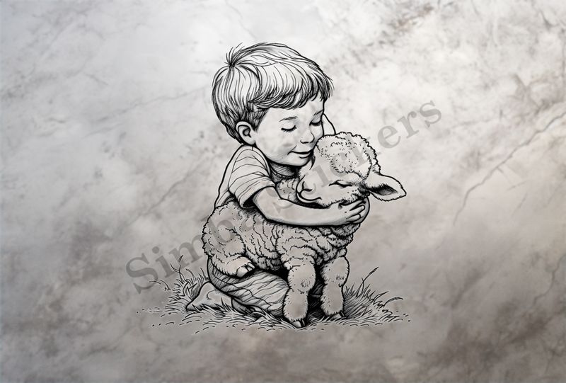 Sheep lamb hugged by a small boy , outline art