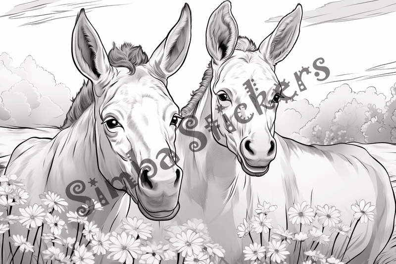 Colouring pages, bundle of donkeys with children, 25 images