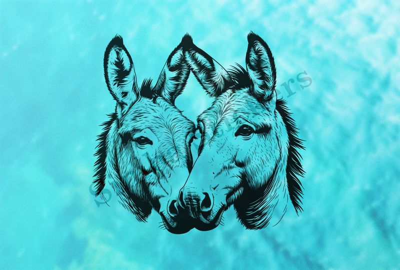 Donkeys in love, nose-to-nose, outline art