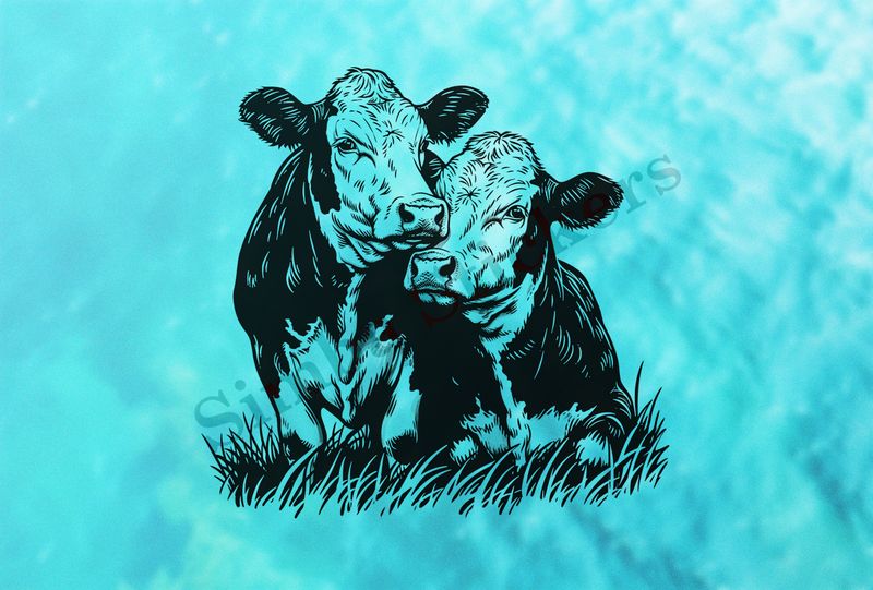 Bull and cow in love in the grass, outline art