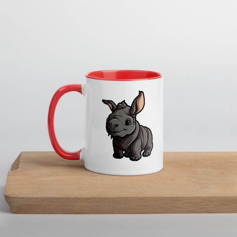 White Ceramic Mug with Color Inside, 11oz &amp; 15oz, Black rhino calf looking cute 