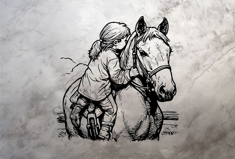 Horse climbed onto by young girl, outline art