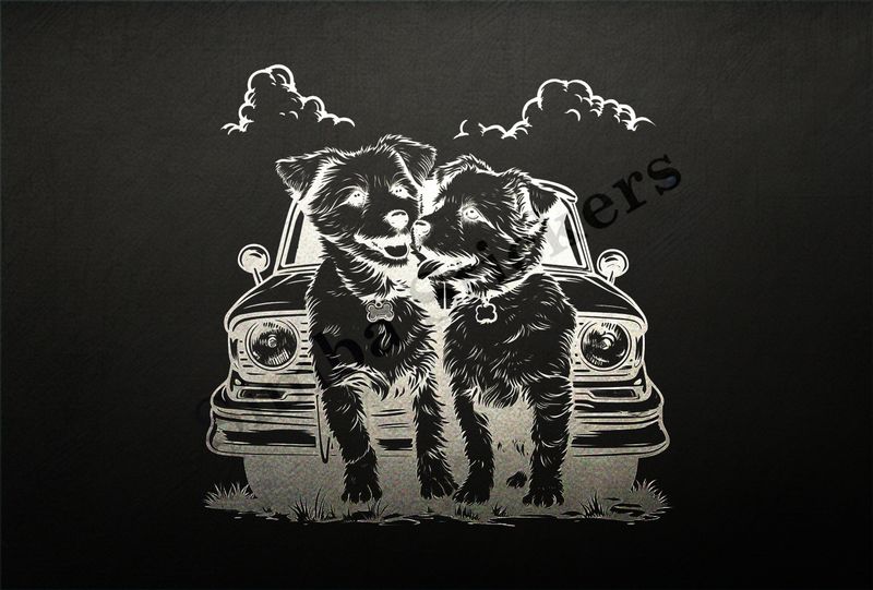 Dogs in love sitting in front of a car, outline art