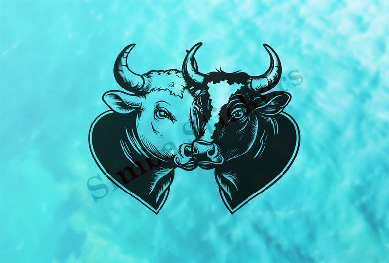 Cattle,  cheek-to-cheek, one black, one white, horns locked, outline art