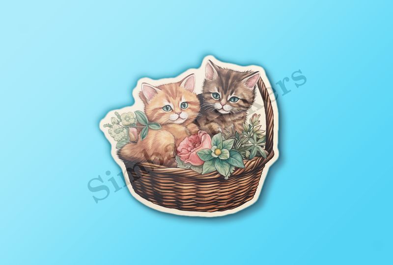 Cat kittens in a basket, vintage watercolour