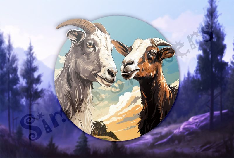 Goats in love, under partially cloudy sky, next to forest