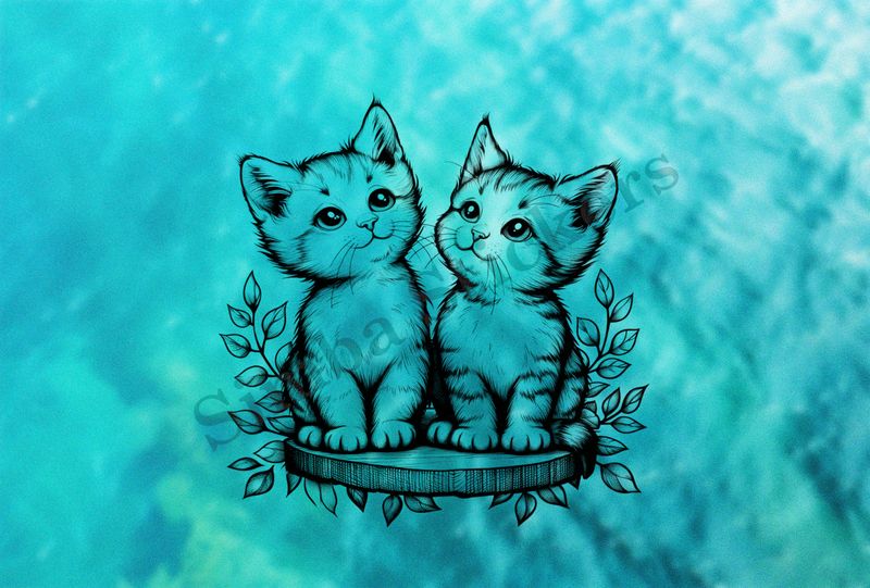 Cats on wooden stand, romantic, outline art