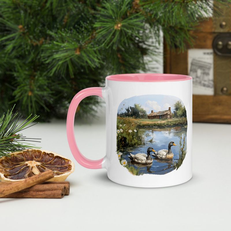 White Ceramic Mug with Color Inside, 11 &amp;15oz, Ducks in love swimming in farmhouse pond 