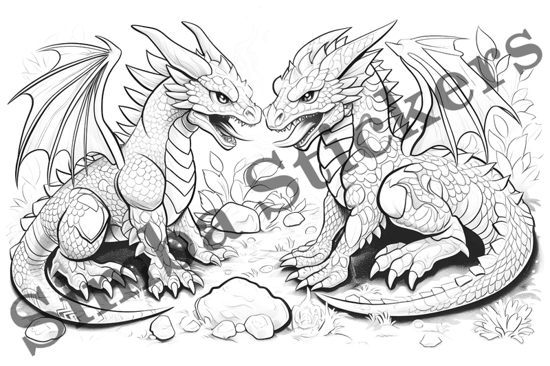 Colouring pages, bundle of dragons in love, 10 images