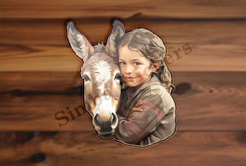 Donkey hugged by small child of European origin