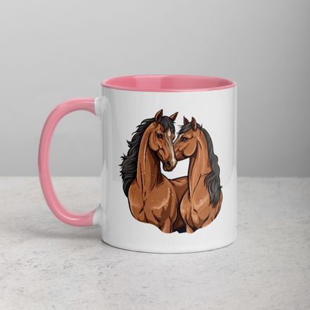 White Ceramic Mug with Color Inside, 11&amp;15oz, Two brown horses snuggling, tdwcyd