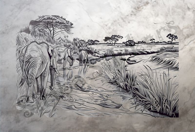 African Savanna landscape, with elephant train, outline art