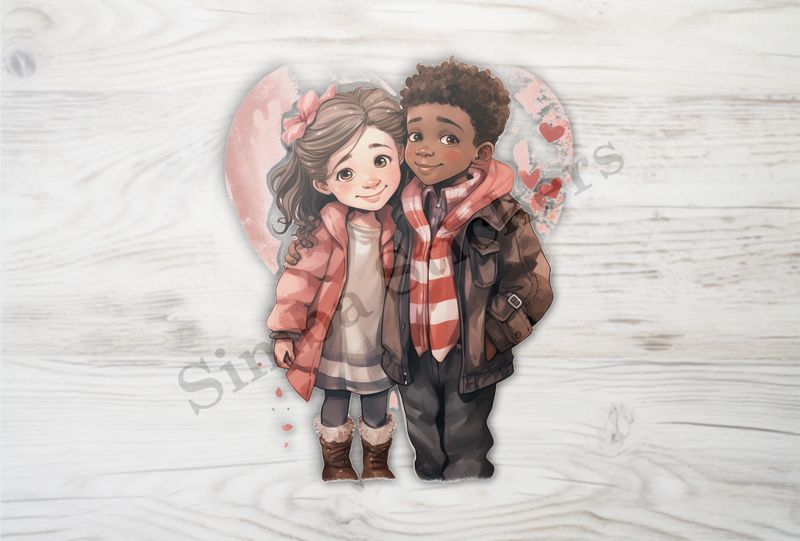 Boy and girl with arms around each other, watercolour