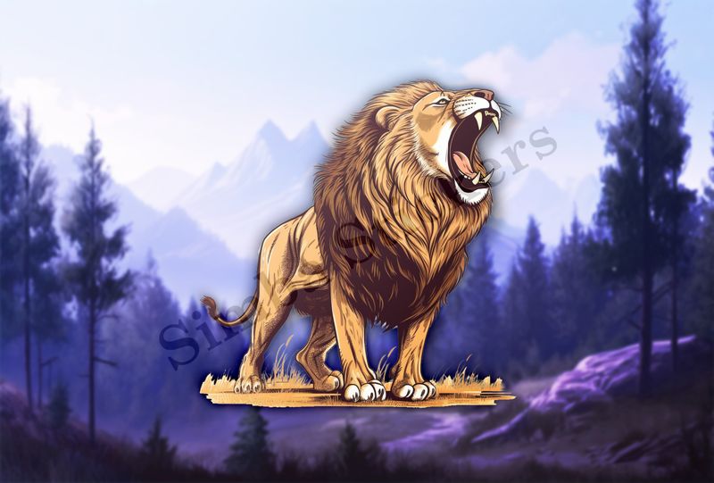 Male lion roaring, standing tall