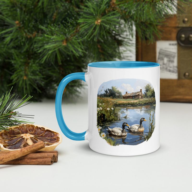 White Ceramic Mug with Color Inside, 11 &amp;15oz, Ducks in love swimming in farmhouse pond 