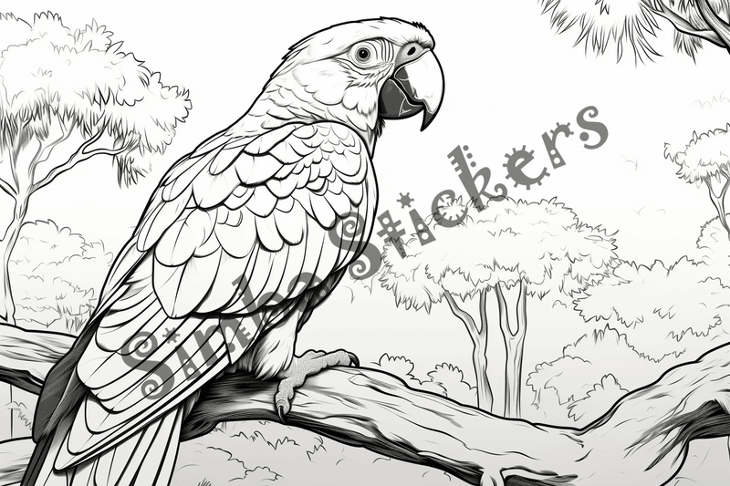 Colouring pages, bundle of parrots perching, 10 images