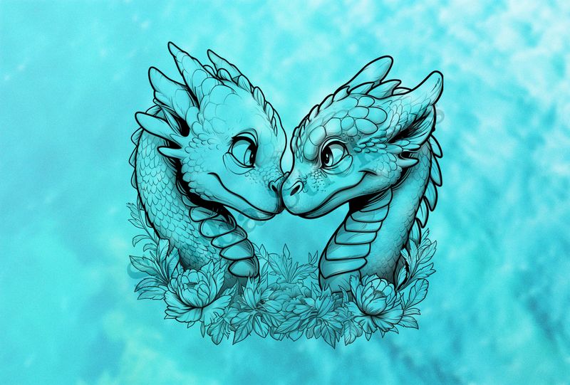 Cute dragons nose-to-nose in love,  outline art