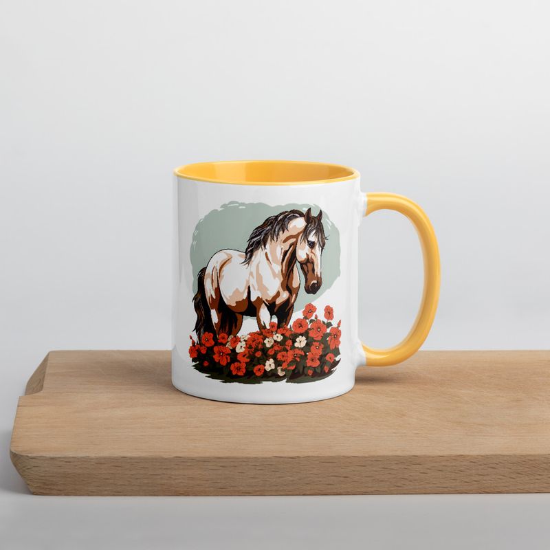 White Ceramic Mug with Color Inside, 11&amp;15oz, Brown horse in field of red flowers, n4w2fj