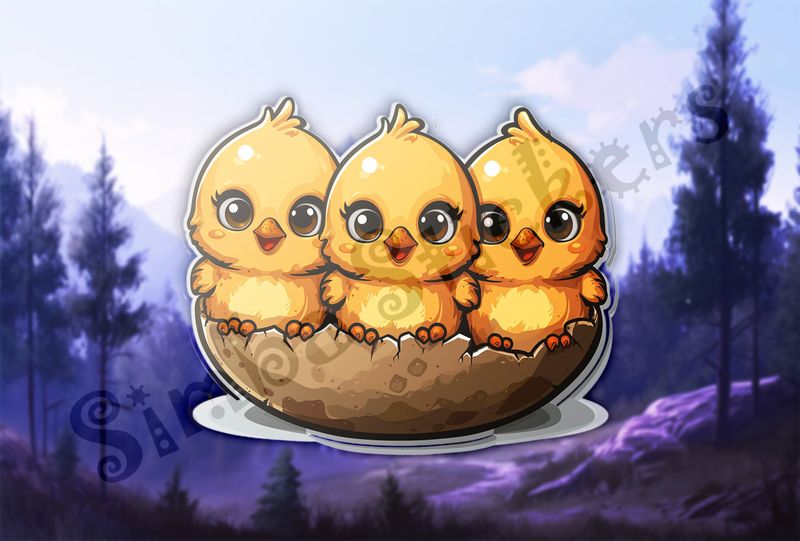 Happy Chick Triplets in half-intact eggshell