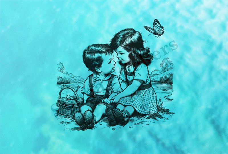 Boy and girl sitting with back to river, outline art