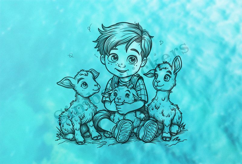 Goat kids with boy, one hugged, outline art