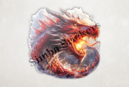 Red dragon, breathing fire in misty background