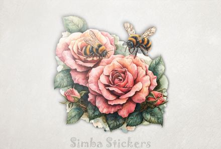 Bees flying around romantic rose flowers, watercolour